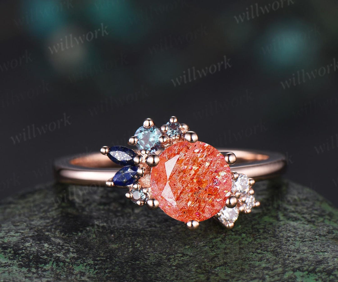 Round cut sunstone engagement ring rose gold cluster alexandrite lapis lazuli wedding ring women 6 prong bridal ring