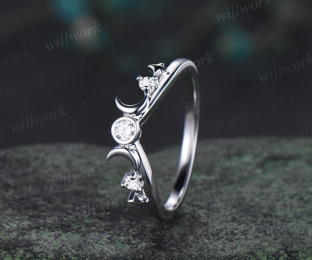 Three stone bezel moon star diamond wedding band solid 14k white gold stacking matching bridal anniversary ring gift for women her