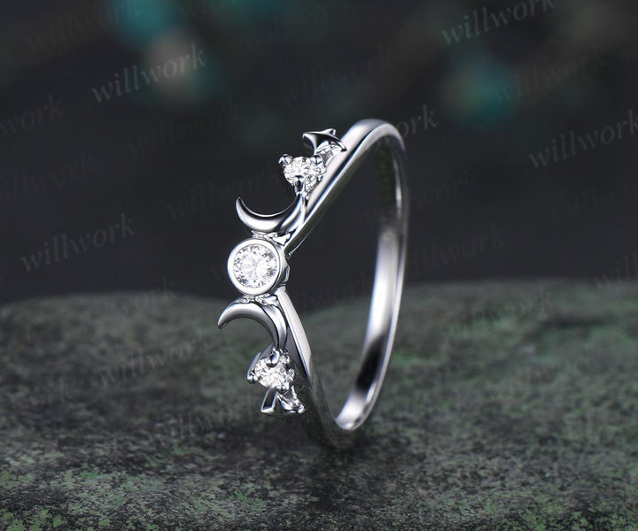 Three stone bezel moon star diamond wedding band solid 14k white gold stacking matching bridal anniversary ring gift for women her