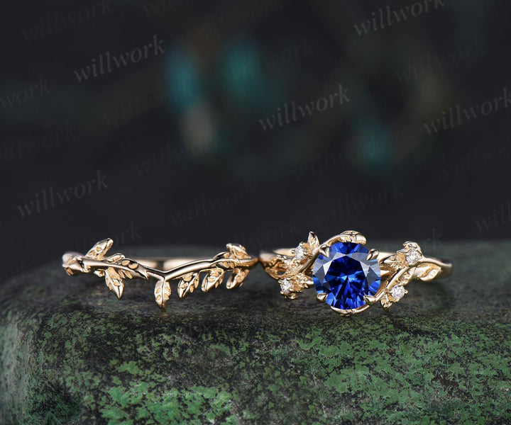 1ct round cut blue sapphire engagement ring set leaf five stone yellow gold ring nature inspired art deco wedding ring set women