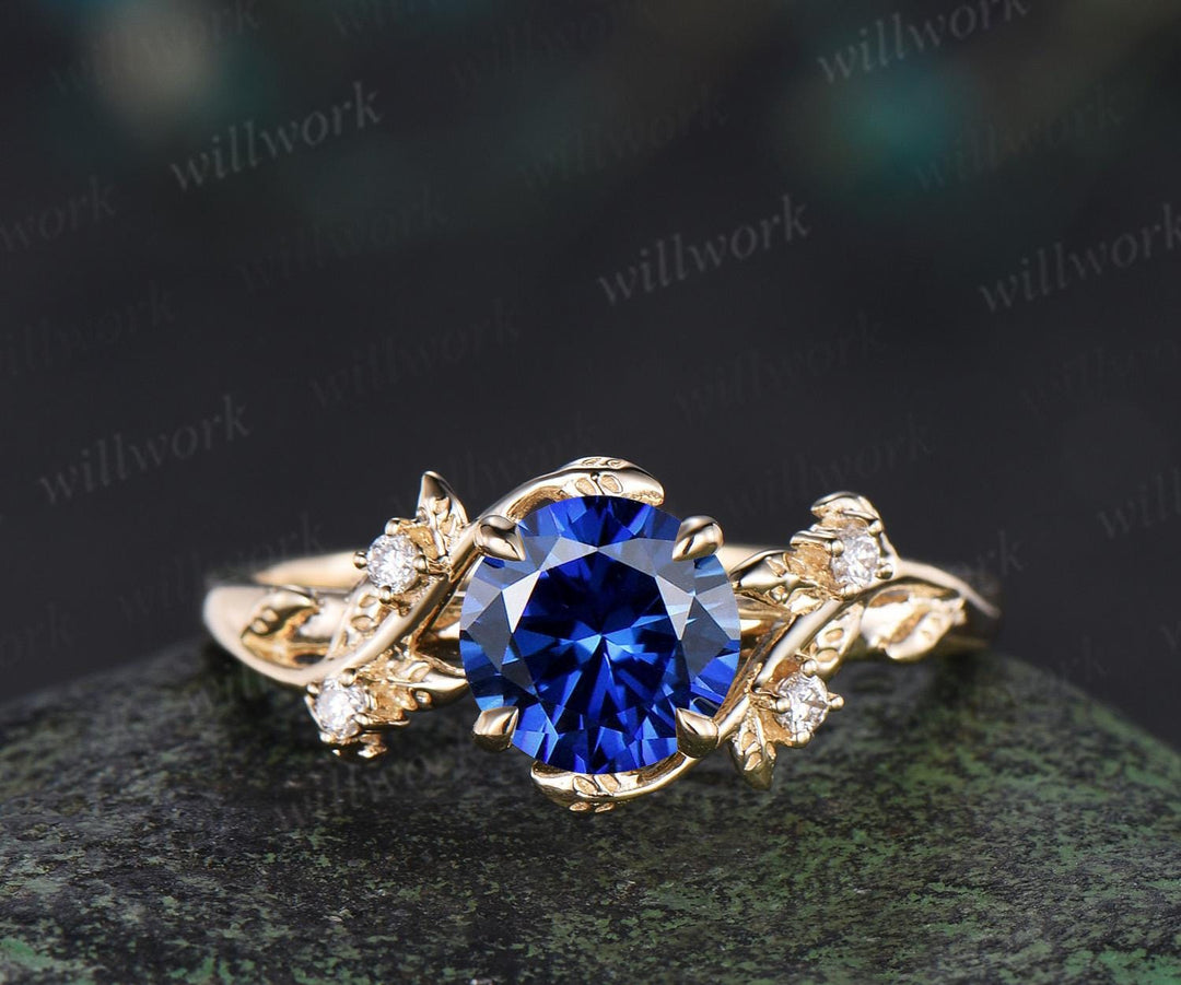 1ct round cut blue sapphire engagement ring set leaf five stone yellow gold ring nature inspired art deco wedding ring set women
