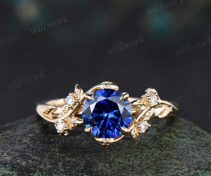 1ct round cut blue sapphire engagement ring set leaf five stone yellow gold ring nature inspired art deco wedding ring set women