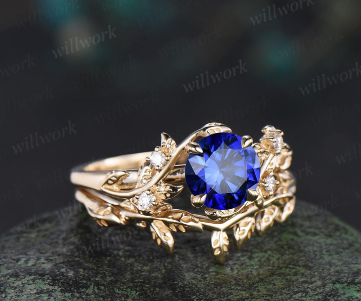 1ct round cut blue sapphire engagement ring set leaf five stone yellow gold ring nature inspired art deco wedding ring set women