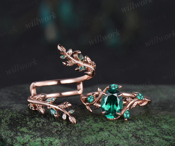 Vintage oval cut emerald engagement ring set 14k rose gold branch leaf cluster wedding band enhancer women unique promise bridal ring set