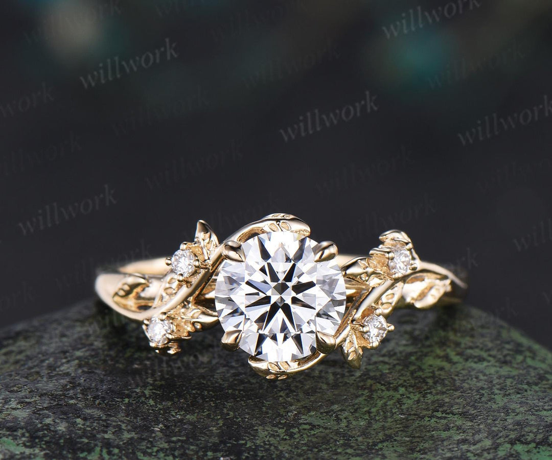 1ct round cut IGI Lab grown diamond ring 14k yellow gold branch leaf nature inspired engagement ring jewelry promise bridal set women