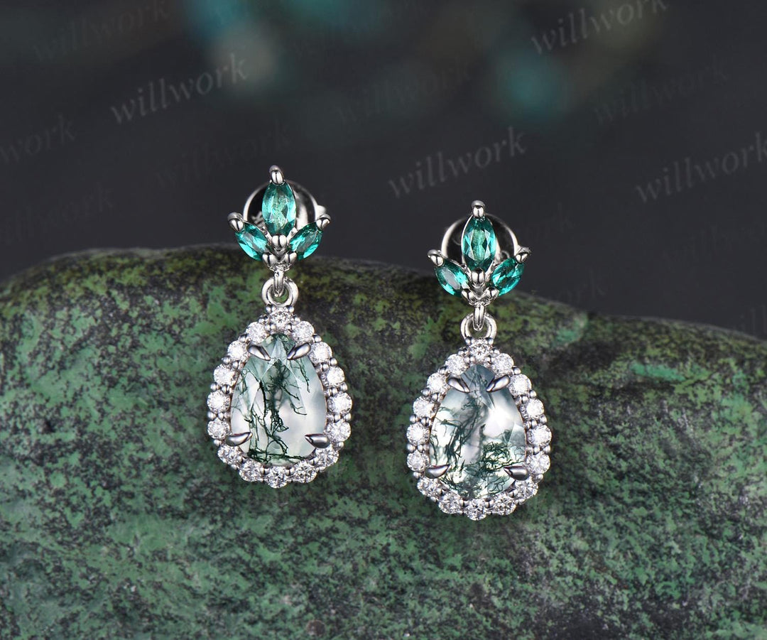 Pear teardrop cut natural moss agate earrings 14k white gold vintage leaf marquise emerald drop earrings women anniversary gift jewelry