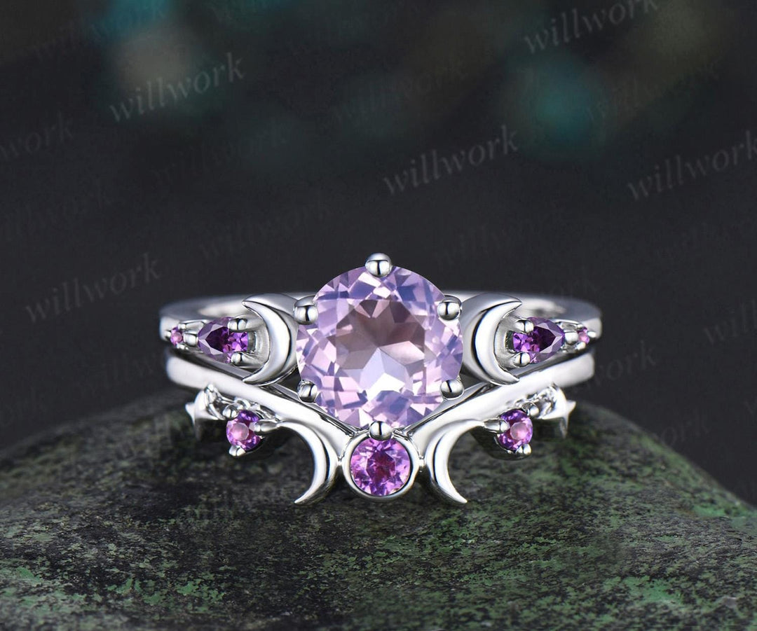 Round cut Lavender Amethyst engagement ring set women white gold moon star sun amethyst wedding crystal ring dainty anniversary gift