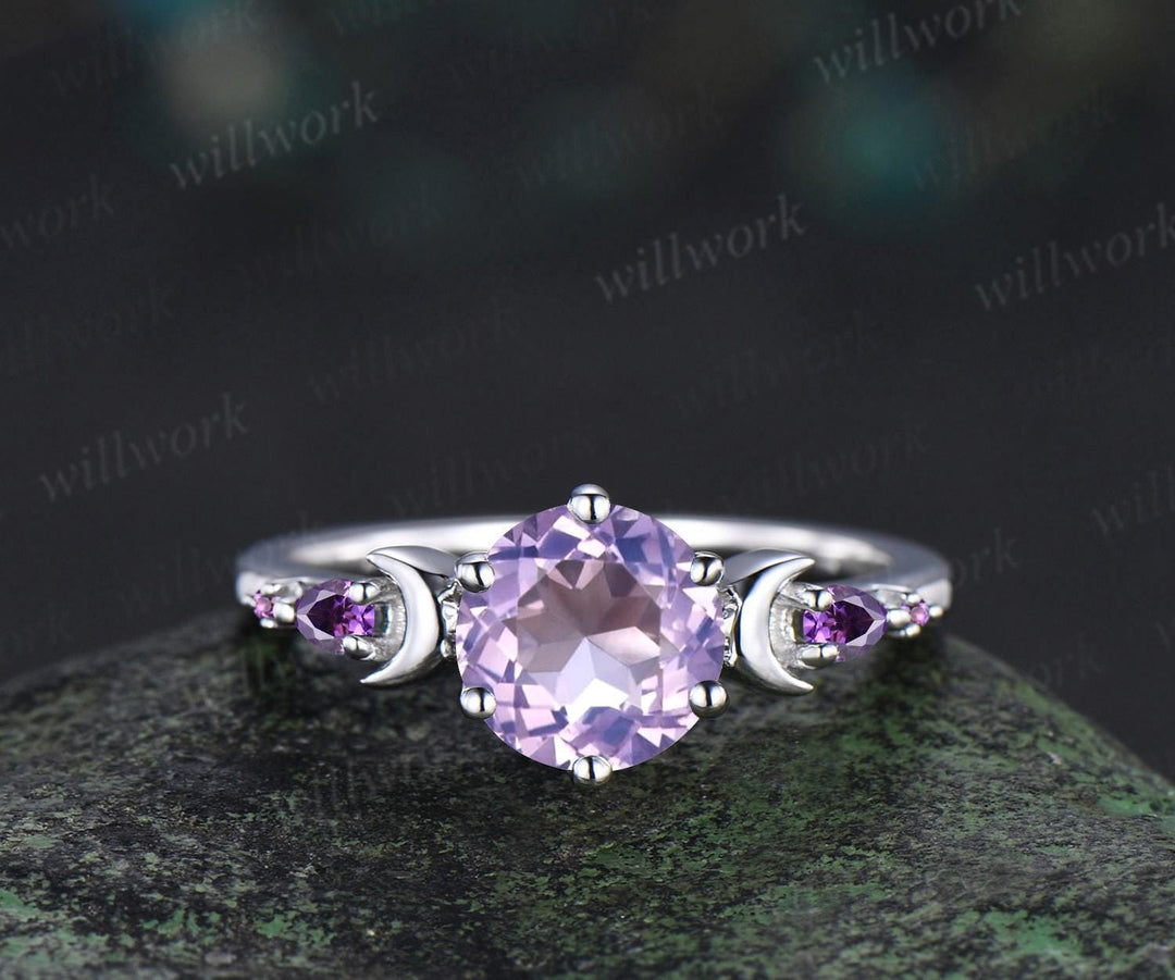 Round cut Lavender Amethyst engagement ring set women white gold moon star sun amethyst wedding crystal ring dainty anniversary gift
