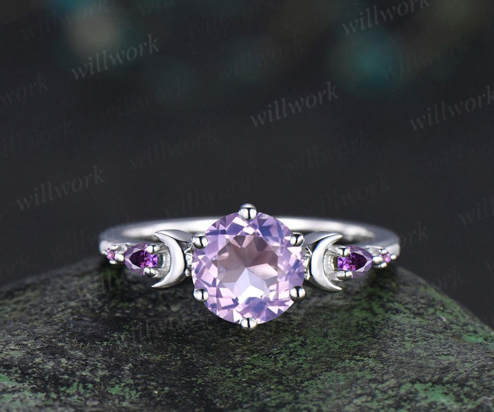 Round cut Lavender Amethyst engagement ring set women white gold moon star sun amethyst wedding crystal ring dainty anniversary gift