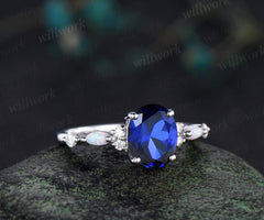 2ct oval cut blue sapphire engagement ring white gold opal diamond wedding ring women September birthstone ring women jewelry