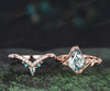 Vintage kite cut natural moss agate engagement ring set 14k rose gold branch nature inspired leaf opal bridal ring set women jewelry