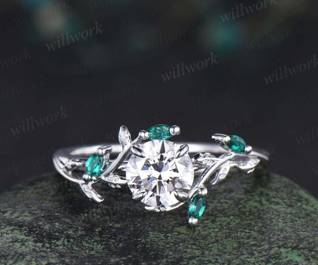 1ct round cut IGI Lab grown diamond ring 14k white gold branch leaf nature inspired engagement ring emerald bridal set women jewelry