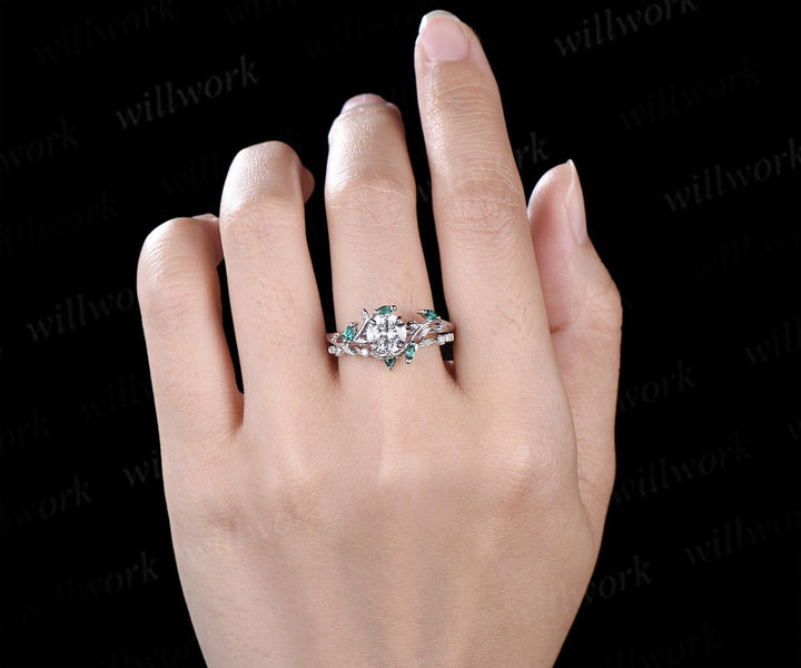 1ct round cut IGI Lab grown diamond ring 14k white gold branch leaf nature inspired engagement ring emerald bridal set women jewelry