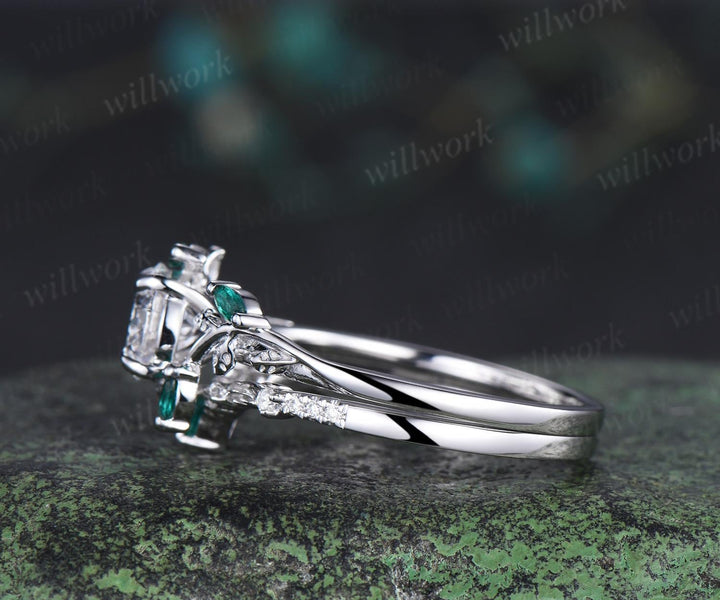 1ct round cut IGI Lab grown diamond ring 14k white gold branch leaf nature inspired engagement ring emerald bridal set women jewelry