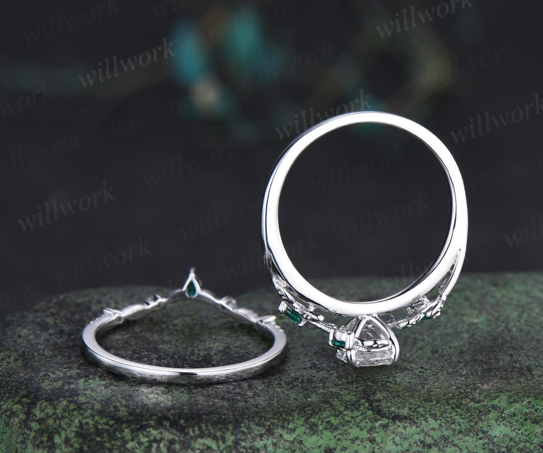 1ct round cut IGI Lab grown diamond ring 14k white gold branch leaf nature inspired engagement ring emerald bridal set women jewelry