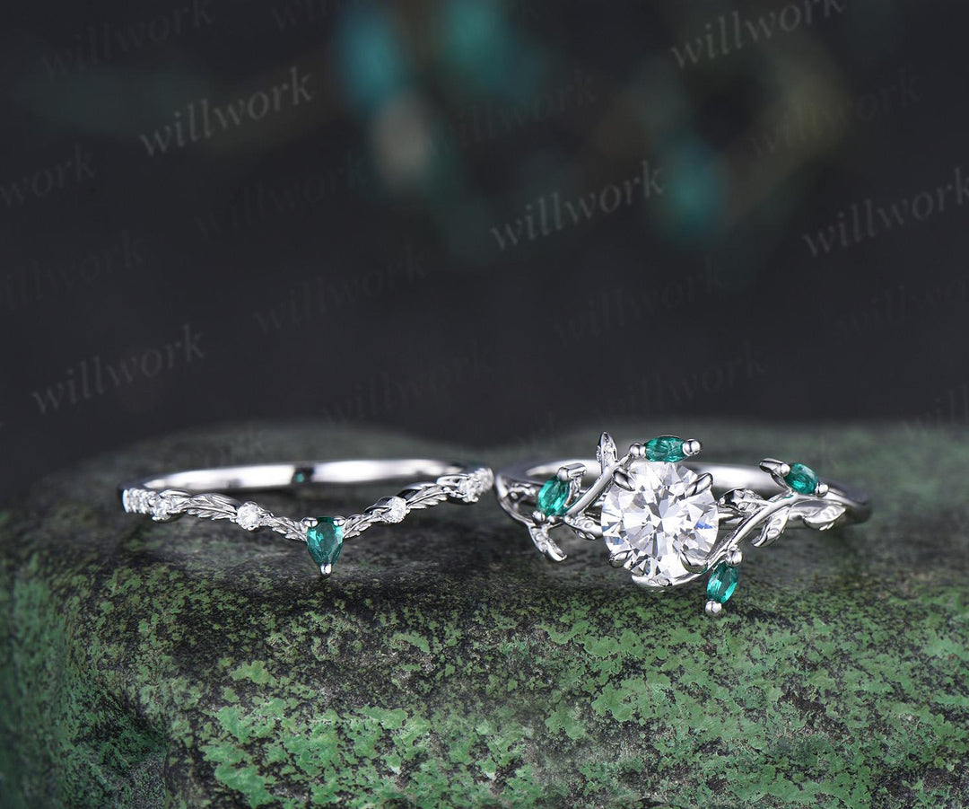 1ct round cut IGI Lab grown diamond ring 14k white gold branch leaf nature inspired engagement ring emerald bridal set women jewelry