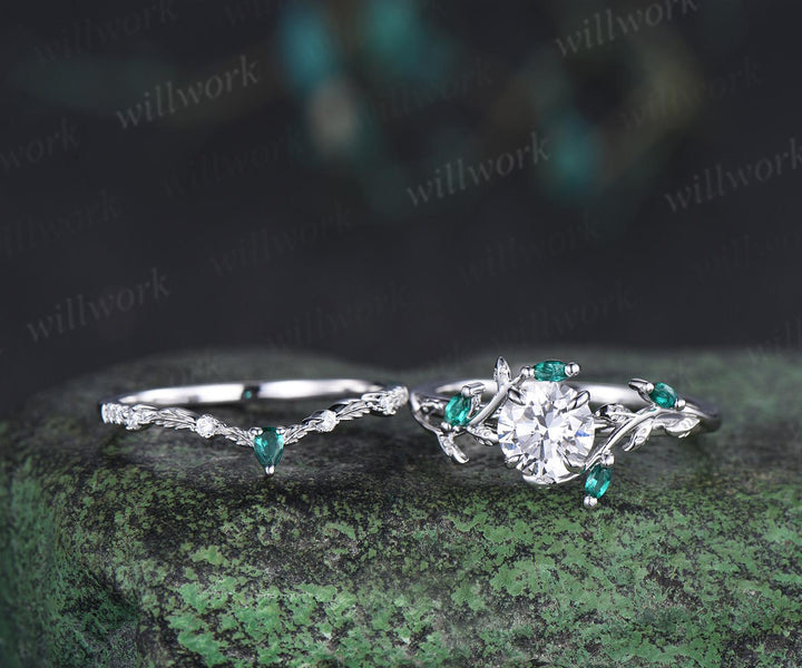 1ct round cut IGI Lab grown diamond ring 14k white gold branch leaf nature inspired engagement ring emerald bridal set women jewelry