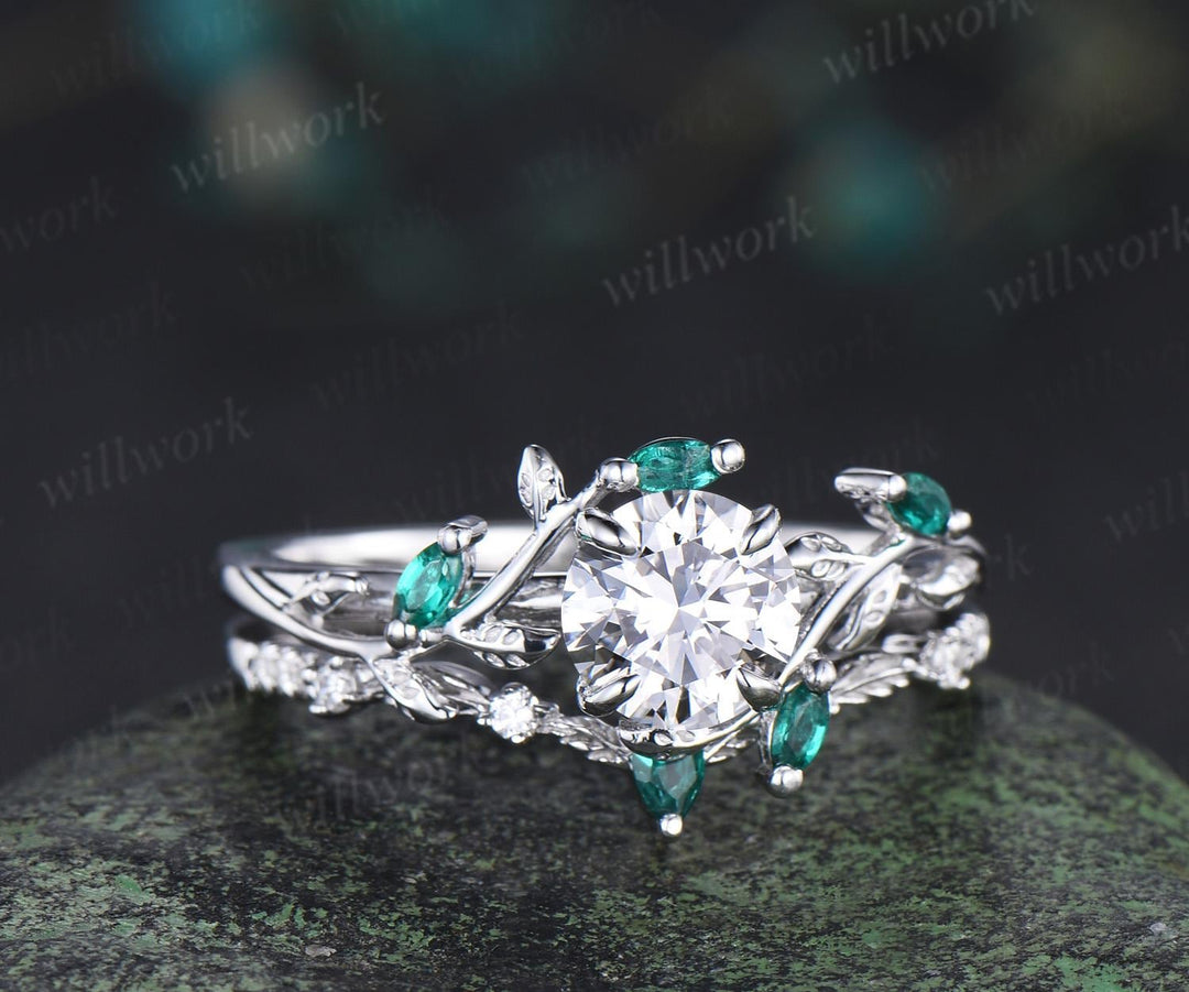 1ct round cut IGI Lab grown diamond ring 14k white gold branch leaf nature inspired engagement ring emerald bridal set women jewelry