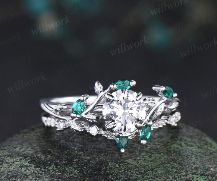 1ct round cut IGI Lab grown diamond ring 14k white gold branch leaf nature inspired engagement ring emerald bridal set women jewelry