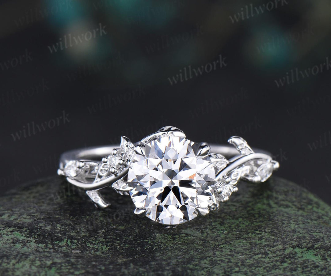 2ct round cut IGI lab grown diamond moissanite engagement ring set leaf nature inspired promise wedding bridal ring set jewelry