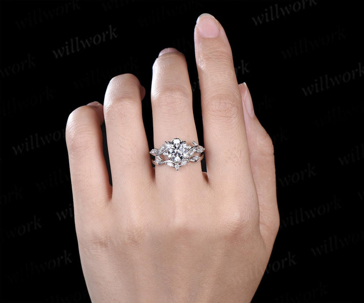 2ct round cut IGI lab grown diamond moissanite engagement ring set leaf nature inspired promise wedding bridal ring set jewelry