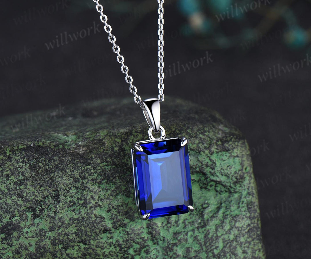 8ct emerald cut blue sapphire necklace solid 9k 14k 18k white gold solitaire pendant September birthstone anniversary bridal gift mother