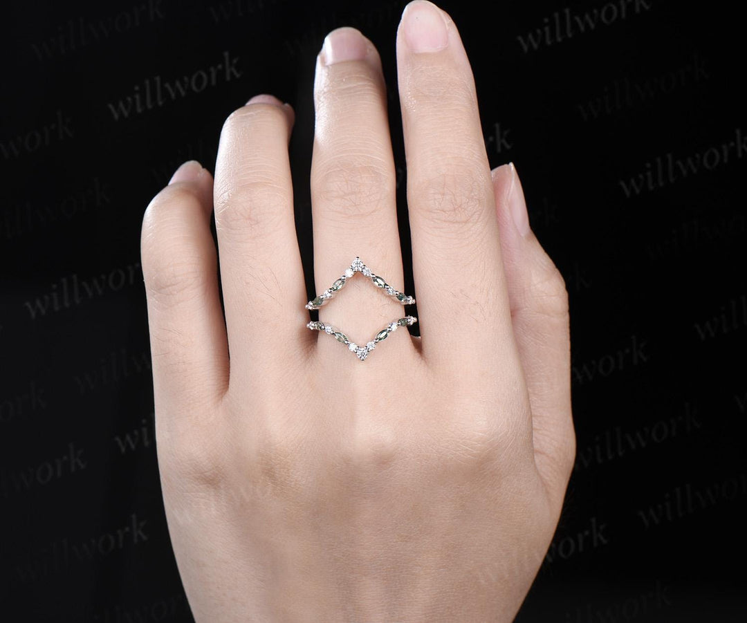 Marquise moss agate diamond wedding band enhancer wraps rose gold Double V curved stacking band band bridal ring women