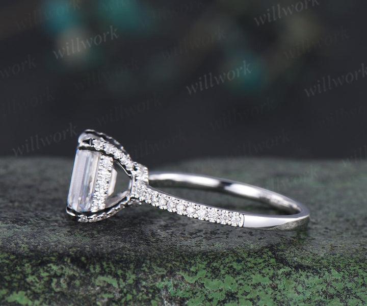 Vintage emerald cut lab grown diamond engagement ring 14k white gold engagement ring hidden halo unique promise wedding ring women jewelry