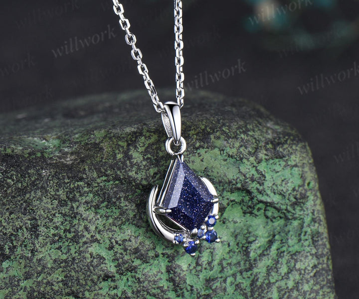 Kite cut blue sandstone necklace white gold vintage unique cluster moon pendant women her sapphire anniversary bridal gift mother
