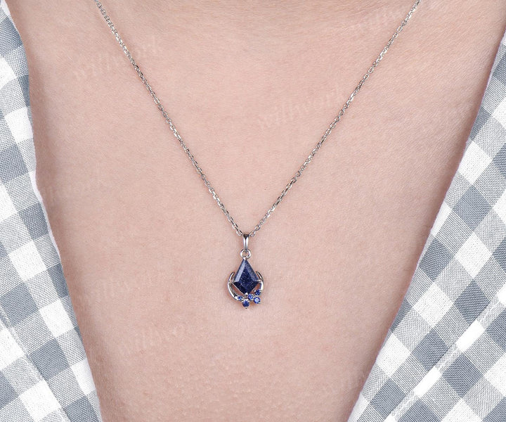 Kite cut blue sandstone necklace white gold vintage unique cluster moon pendant women her sapphire anniversary bridal gift mother