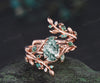 Vintage oval moss agate engagement ring set 14k rose gold leaf five stone wedding band enhancer women unique promise bridal ring set gift