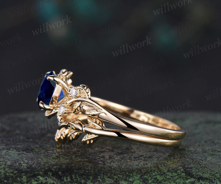 1ct round cut blue sapphire engagement ring set leaf five stone yellow gold ring nature inspired art deco wedding ring set women