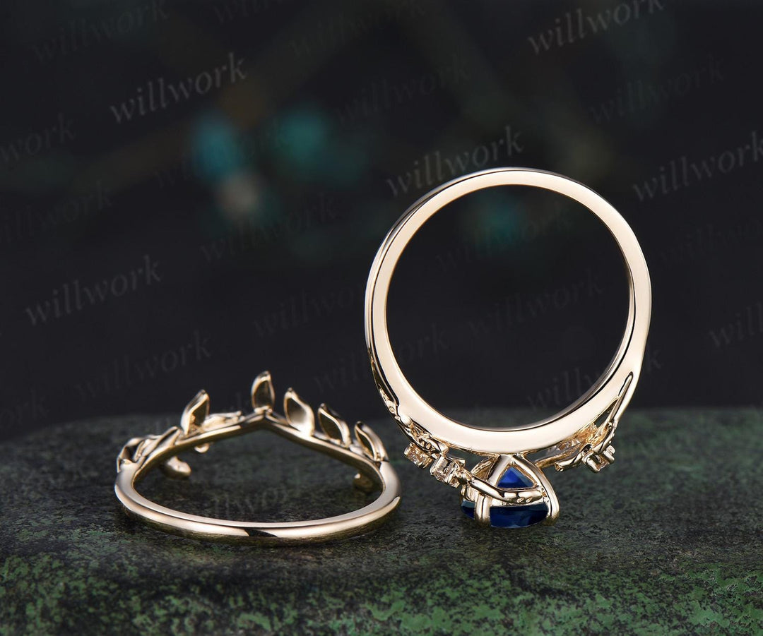1ct round cut blue sapphire engagement ring set leaf five stone yellow gold ring nature inspired art deco wedding ring set women