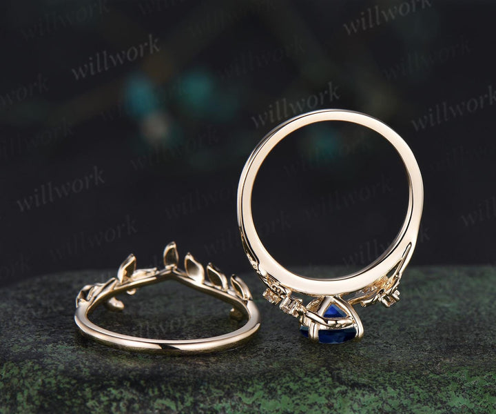 1ct round cut blue sapphire engagement ring set leaf five stone yellow gold ring nature inspired art deco wedding ring set women