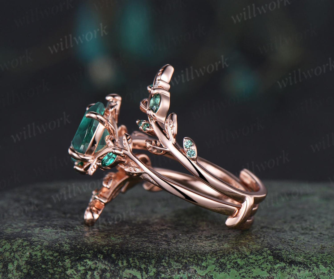 Vintage oval cut emerald engagement ring set 14k rose gold branch leaf cluster wedding band enhancer women unique promise bridal ring set