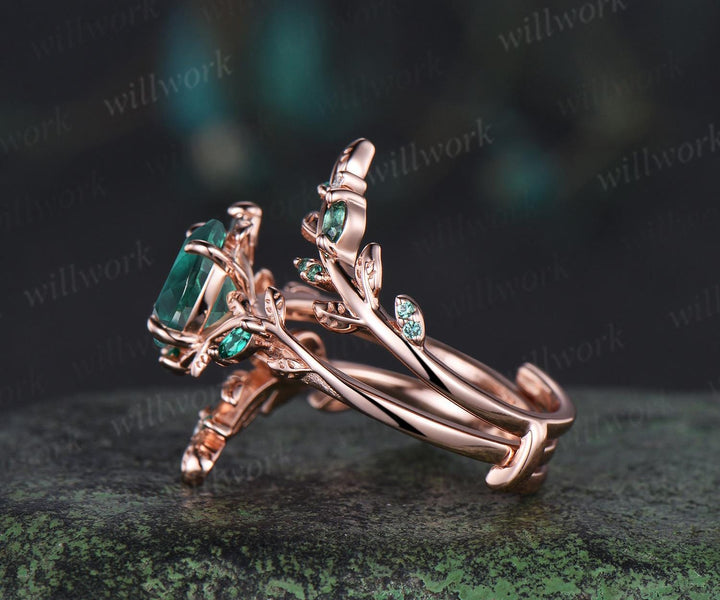 Vintage oval cut emerald engagement ring set 14k rose gold branch leaf cluster wedding band enhancer women unique promise bridal ring set