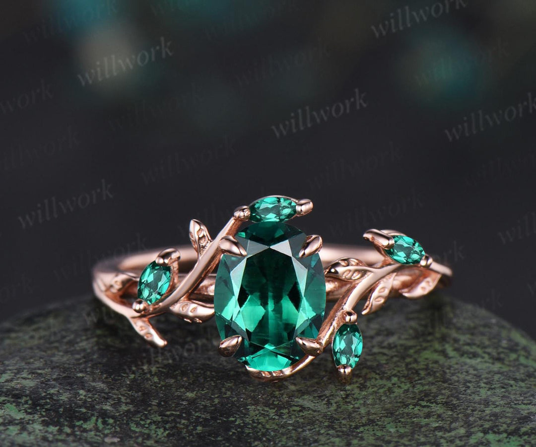 Vintage oval cut emerald engagement ring set 14k rose gold branch leaf cluster wedding band enhancer women unique promise bridal ring set