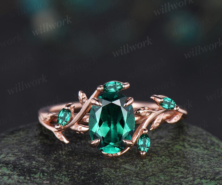 Vintage oval cut emerald engagement ring set 14k rose gold branch leaf cluster wedding band enhancer women unique promise bridal ring set