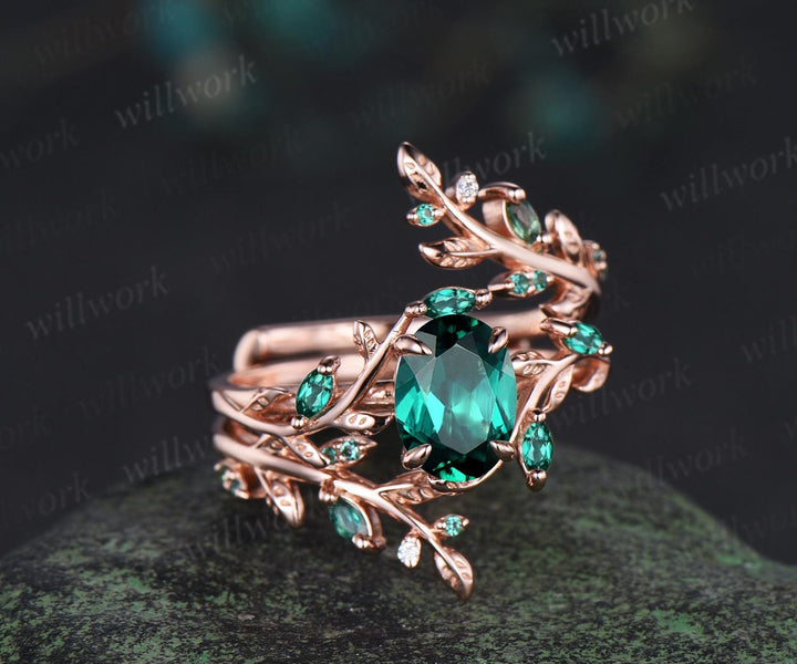 Vintage oval cut emerald engagement ring set 14k rose gold branch leaf cluster wedding band enhancer women unique promise bridal ring set