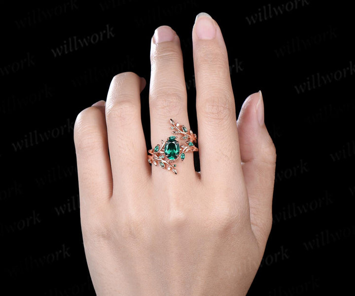 Vintage oval cut emerald engagement ring set 14k rose gold branch leaf cluster wedding band enhancer women unique promise bridal ring set