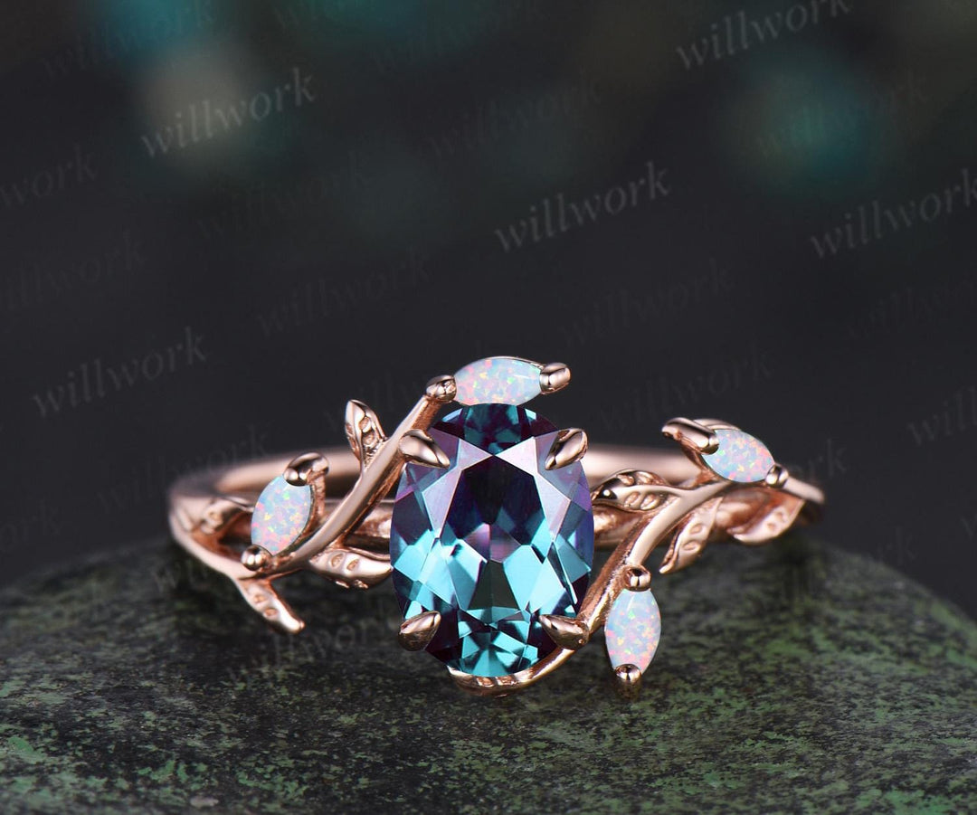 Oval cut Alexandrite engagement ring set women 14k rose gold opal emerald branch leaf cluster wedding band enhancer promise ring her