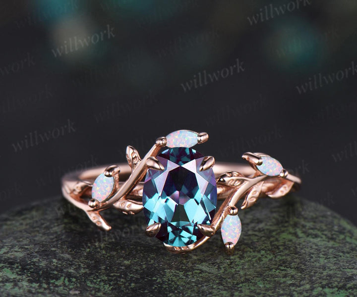 Oval cut Alexandrite engagement ring set women 14k rose gold opal emerald branch leaf cluster wedding band enhancer promise ring her
