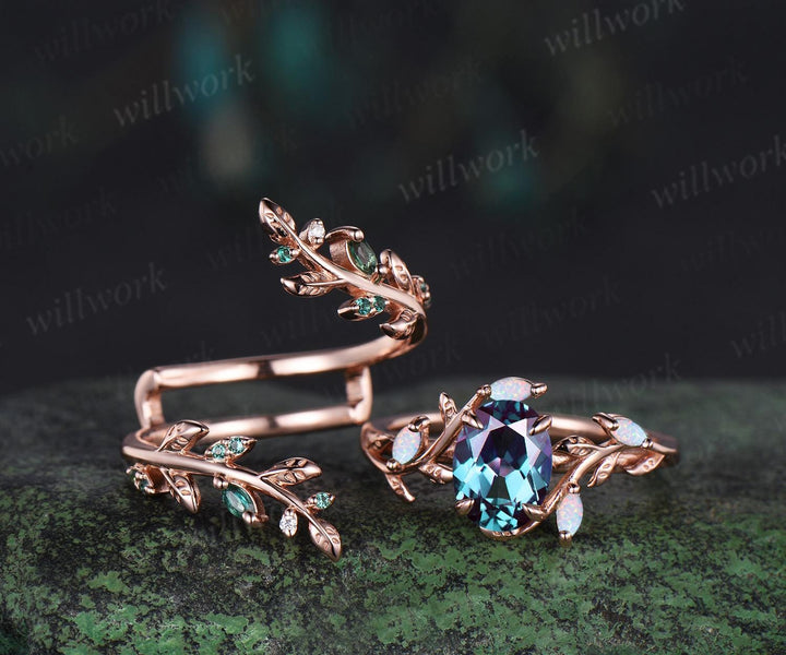 Oval cut Alexandrite engagement ring set women 14k rose gold opal emerald branch leaf cluster wedding band enhancer promise ring her