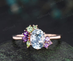 Oval cut natural aquamarine engagement ring 14k rose gold 6 prong cluster amethyst peridot ring dainty wedding promise ring women