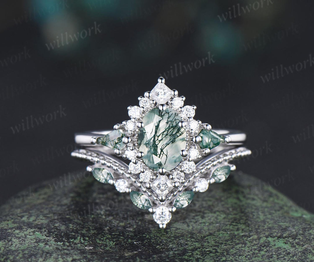 Oval moss agate engagement ring set 14k white gold kite princess halo unique promise wedding ring set retro green gemstone ring silver