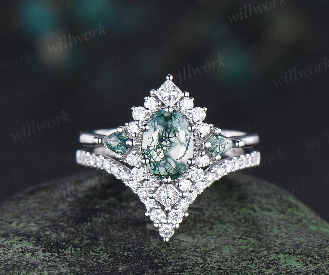 Vintage oval moss agate engagement ring set stacking matching moissanite bridal ring set jewelry handmade unique promise wedding ring women