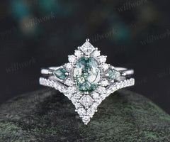 Vintage oval moss agate engagement ring set stacking matching moissanite bridal ring set jewelry handmade unique promise wedding ring women