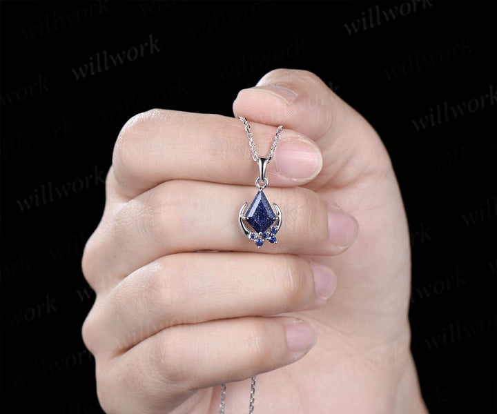 Kite cut blue sandstone necklace white gold vintage unique cluster moon pendant women her sapphire anniversary bridal gift mother