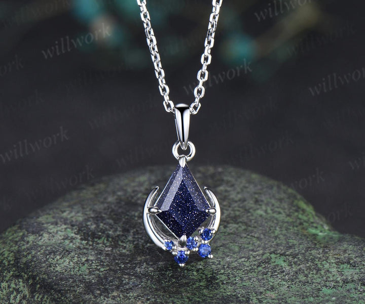 Kite cut blue sandstone necklace white gold vintage unique cluster moon pendant women her sapphire anniversary bridal gift mother