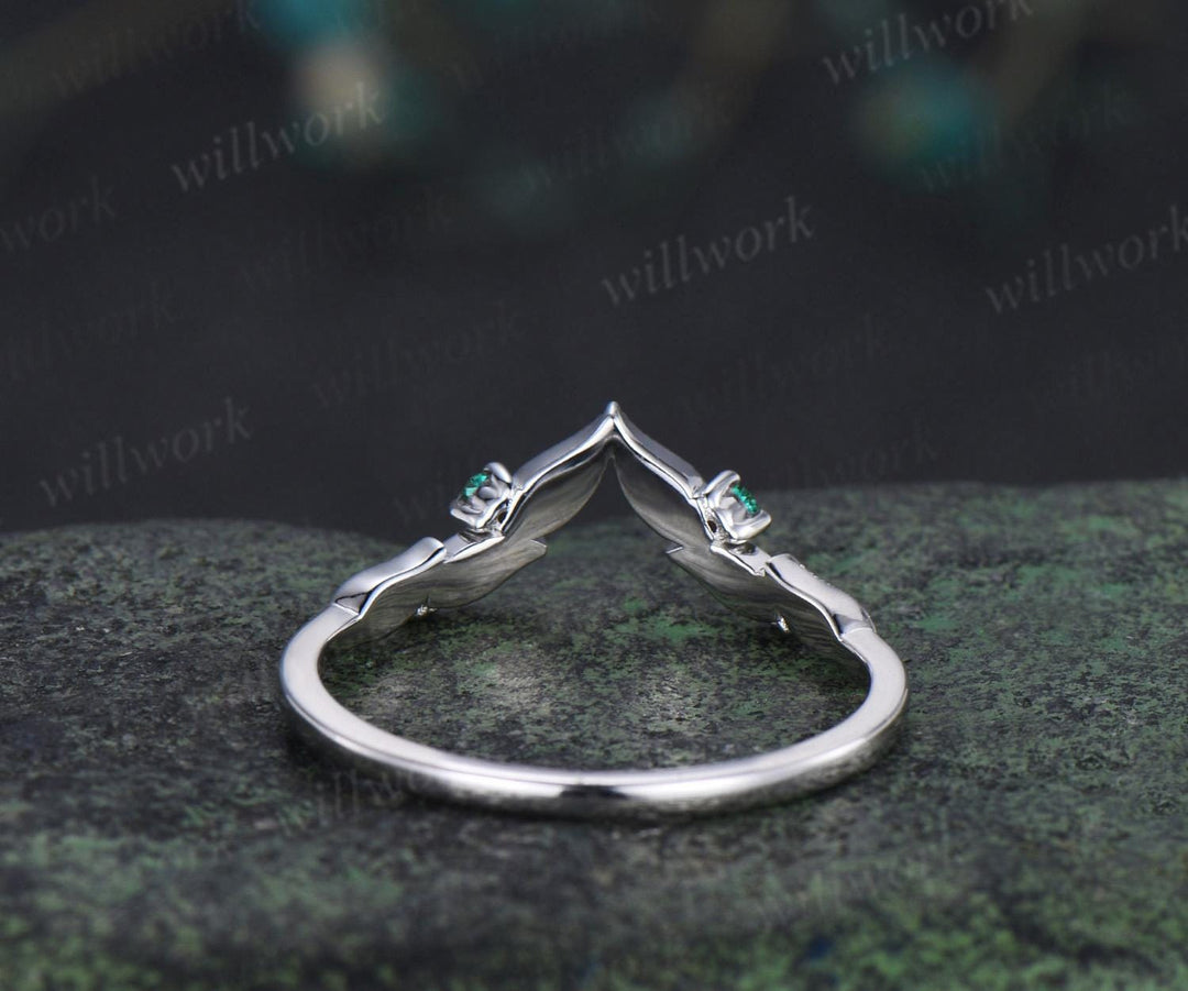 Curved V shaped emerald leaf wedding band white gold moissanite nature inspired stacking bridal ring women